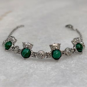 African Malachite and Diamond Silver Owl Bracelet